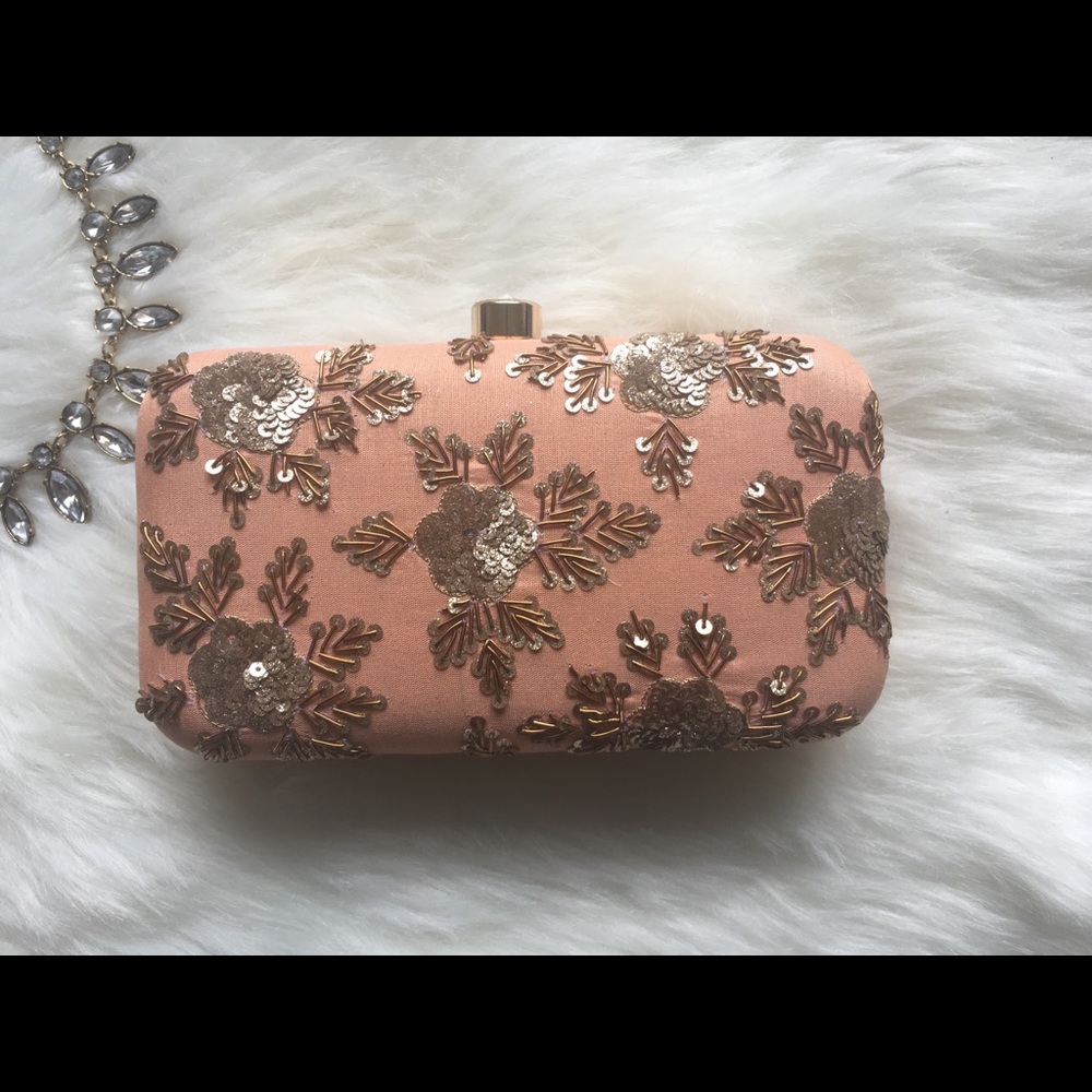 Peach clutch with gold embroidery bridal